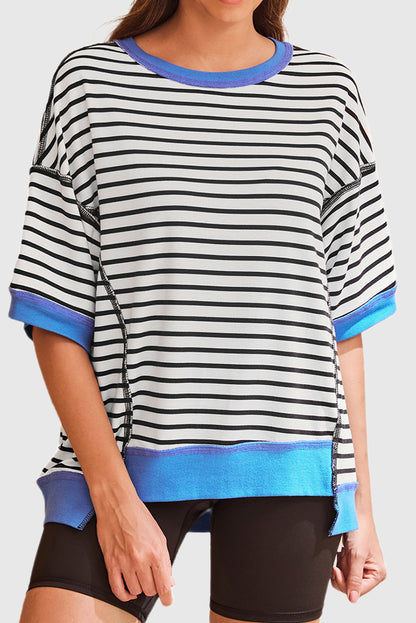 Black Stripe Oversized Contrast Trim Exposed Seam High Low T Shirt