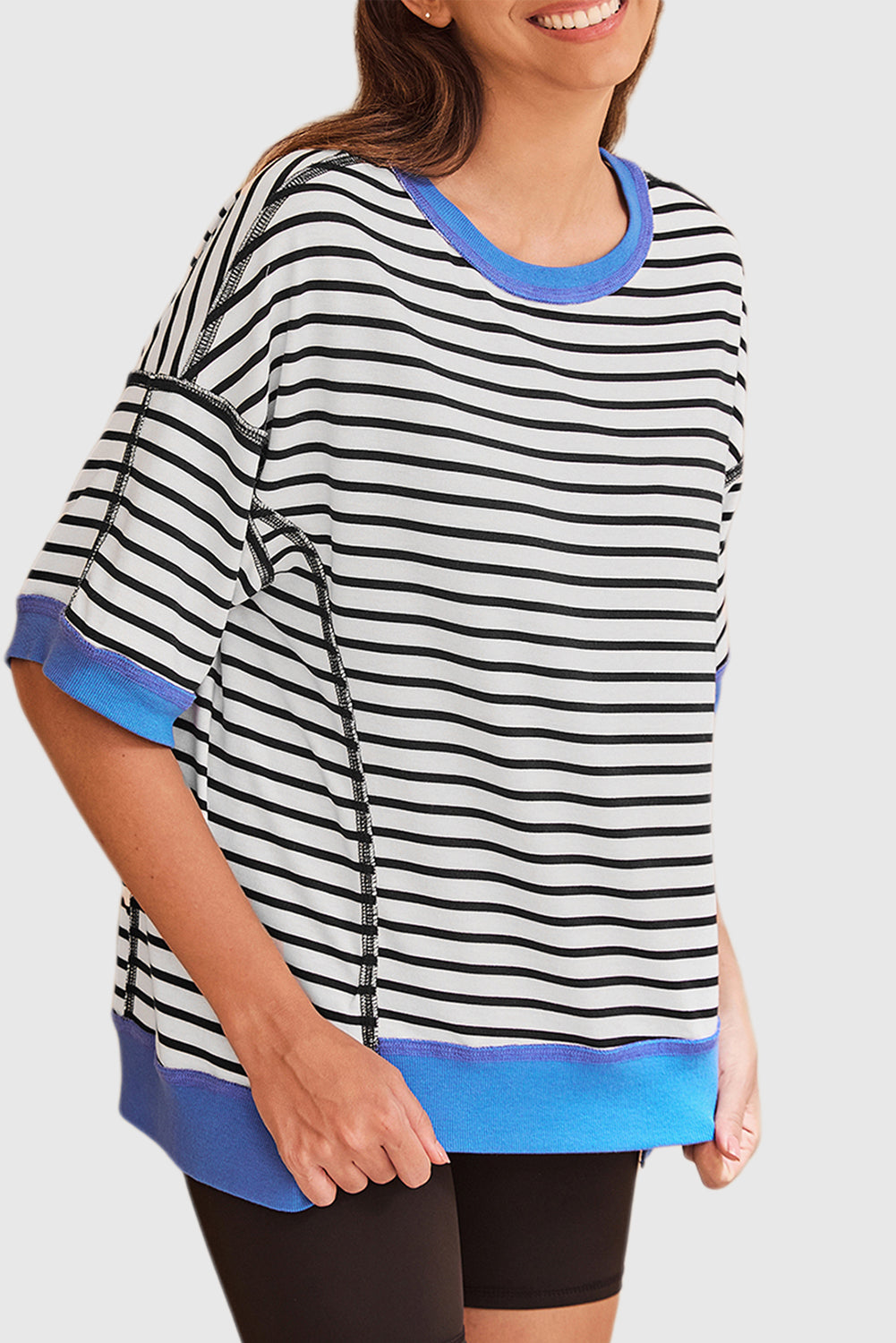 Black Stripe Oversized Contrast Trim Exposed Seam High Low T Shirt