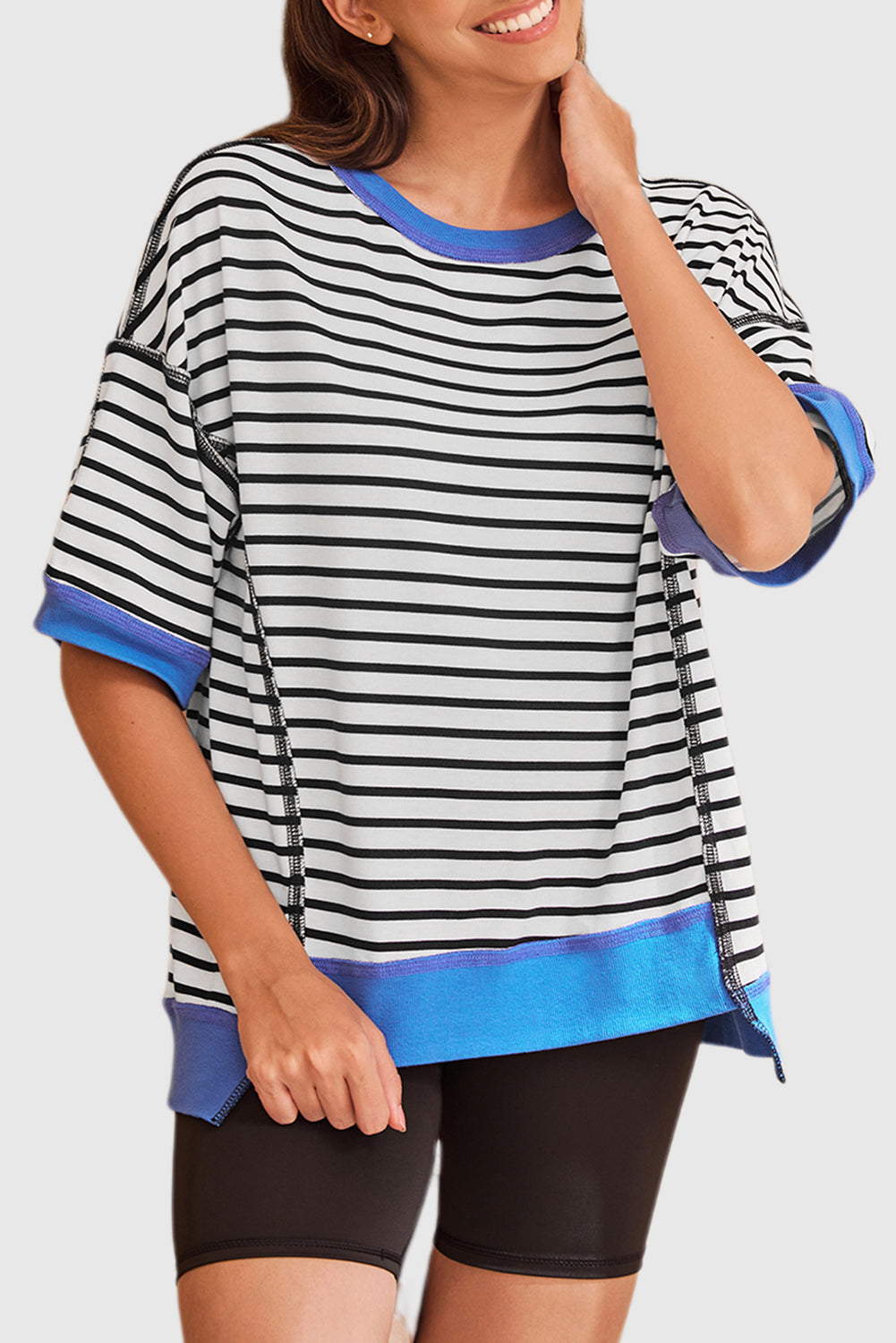 Black Stripe Oversized Contrast Trim Exposed Seam High Low T Shirt