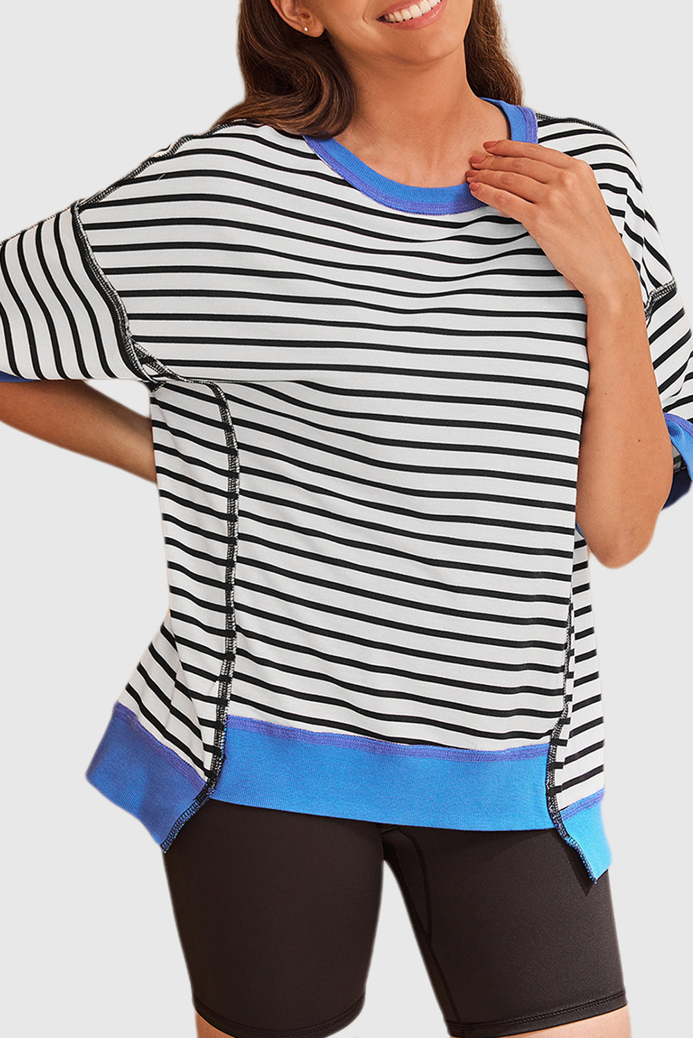 Black Stripe Oversized Contrast Trim Exposed Seam High Low T Shirt