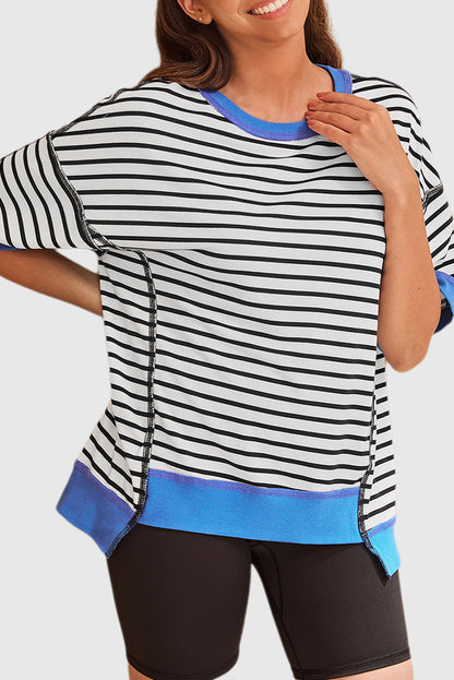 Black Stripe Oversized Contrast Trim Exposed Seam High Low T Shirt