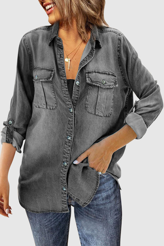 Buttoned Turn Down Collar Denim Shirt with Pocket