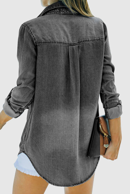Buttoned Turn Down Collar Denim Shirt with Pocket