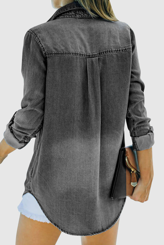 Buttoned Turn Down Collar Denim Shirt with Pocket