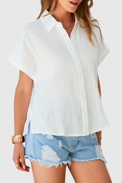 Loose Fit Solid Color Wrinkled Cotton Short Sleeve Shirt