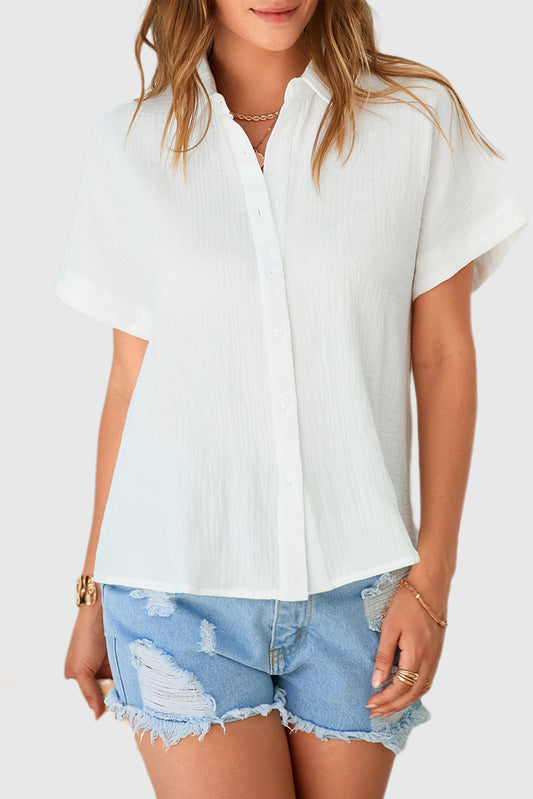 Loose Fit Solid Color Wrinkled Cotton Short Sleeve Shirt