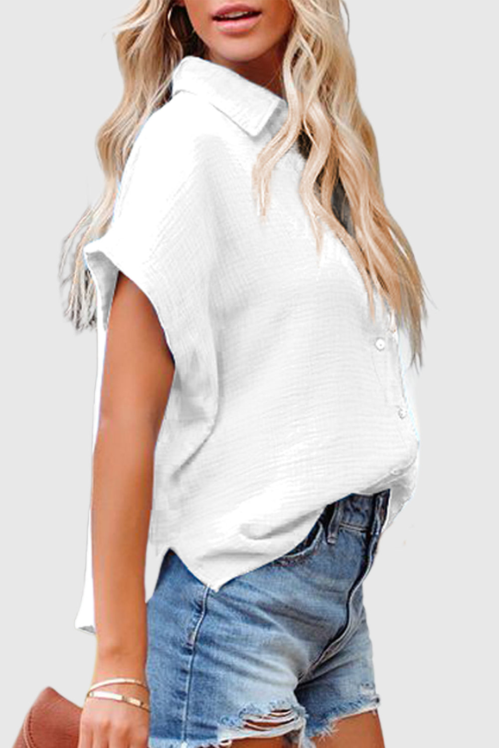 Loose Fit Solid Color Wrinkled Cotton Short Sleeve Shirt