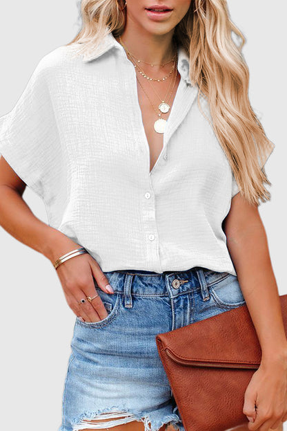 Loose Fit Solid Color Wrinkled Cotton Short Sleeve Shirt