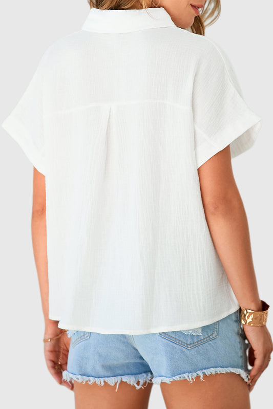 Loose Fit Solid Color Wrinkled Cotton Short Sleeve Shirt