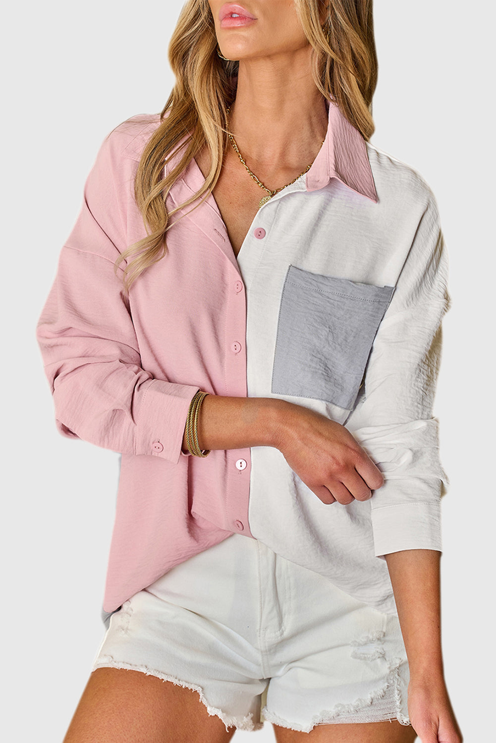 Half Sleeve Color Blocked Patch Pocket Super Loose Shirt