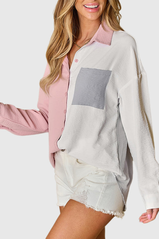 Half Sleeve Color Blocked Patch Pocket Super Loose Shirt