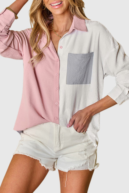 Half Sleeve Color Blocked Patch Pocket Super Loose Shirt