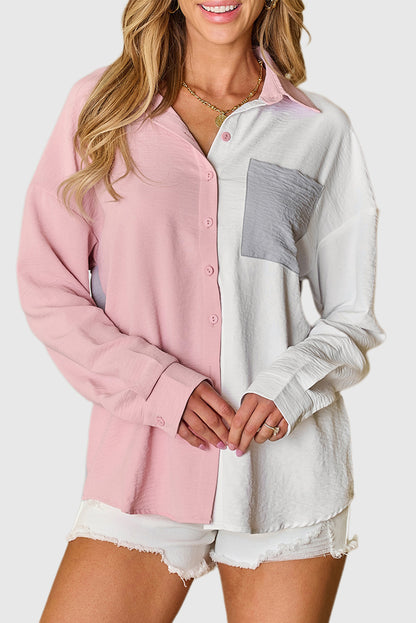 Half Sleeve Color Blocked Patch Pocket Super Loose Shirt