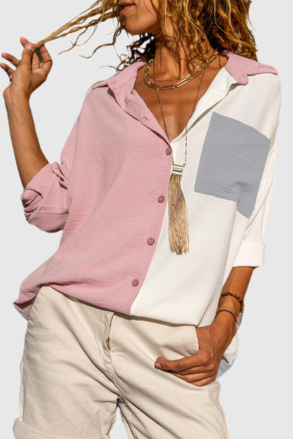 Half Sleeve Color Blocked Patch Pocket Super Loose Shirt