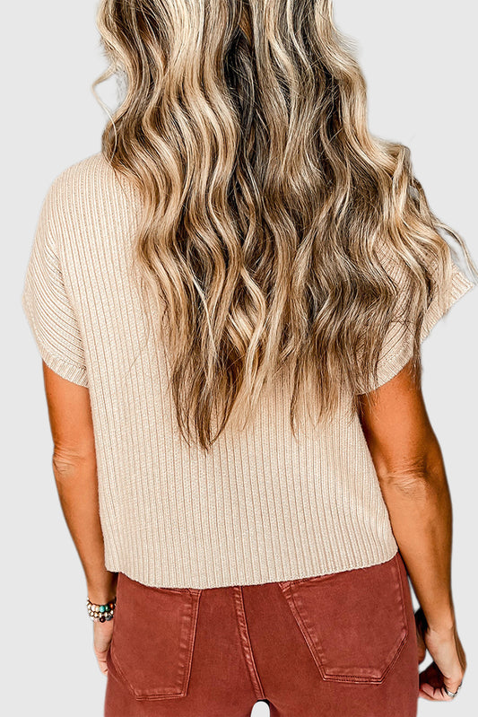 Oatmeal Patch Pocket Ribbed Knit Short Sleeve Sweater