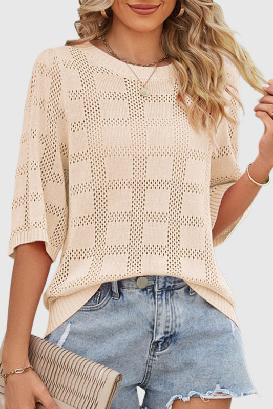 Solid Color Crew Neck Plaid Hollow Out Pullover Sweater for Women