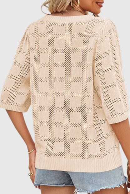 Solid Color Crew Neck Plaid Hollow Out Pullover Sweater for Women