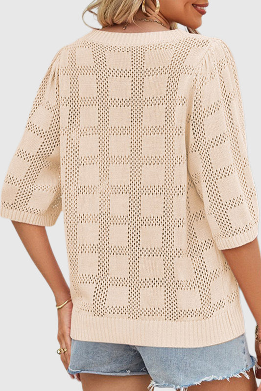 Solid Color Crew Neck Plaid Hollow Out Pullover Sweater for Women