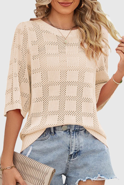 Solid Color Crew Neck Plaid Hollow Out Pullover Sweater for Women