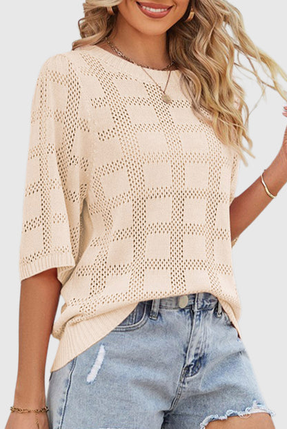 Solid Color Crew Neck Plaid Hollow Out Pullover Sweater for Women