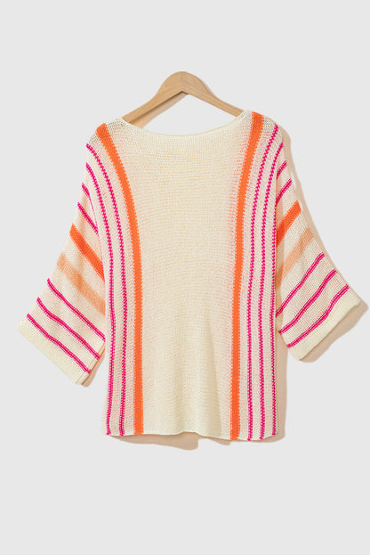 White Striped Detail Wide Sleeve Lightweight Knitted Sweater