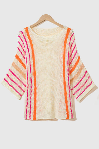 White Striped Detail Wide Sleeve Lightweight Knitted Sweater
