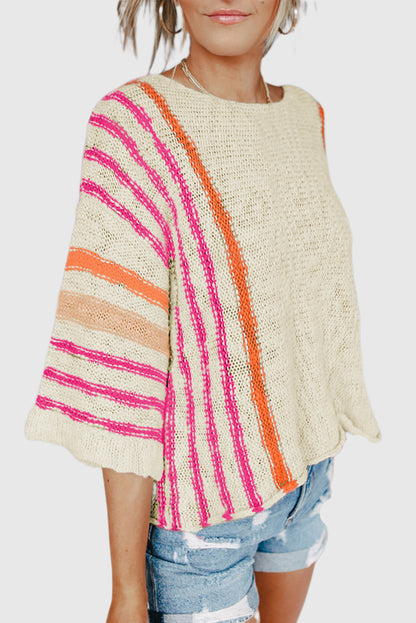 White Striped Detail Wide Sleeve Lightweight Knitted Sweater