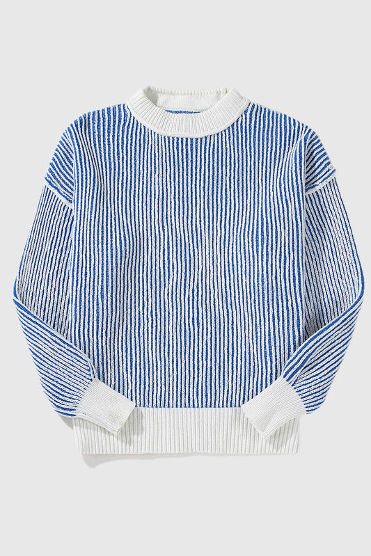 Striped Textured Knit Contrast Edge Loose Sweater
