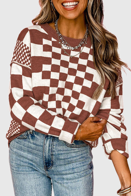 Checkered Print Drop Shoulder Round Neck Sweater