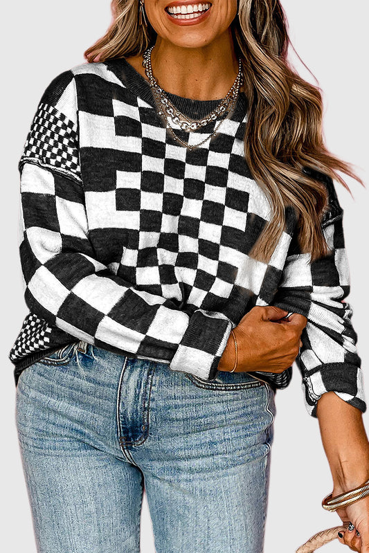 Checkered Print Drop Shoulder Round Neck Sweater