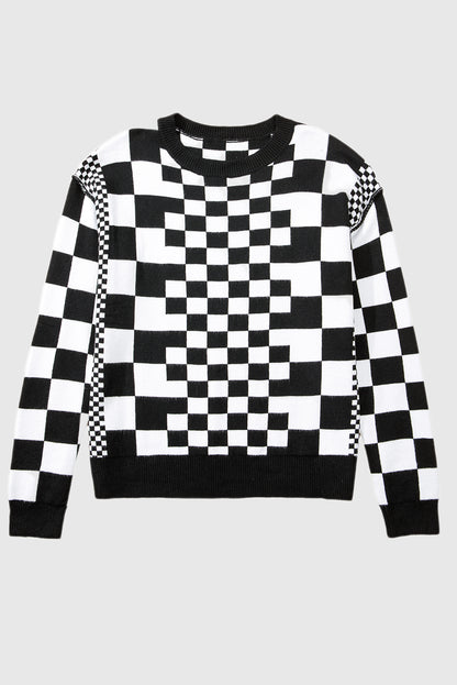 Checkered Print Drop Shoulder Round Neck Sweater