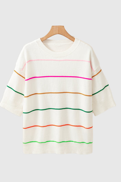 White Colorblock Striped Half Sleeve Drop Shoulder Sweater