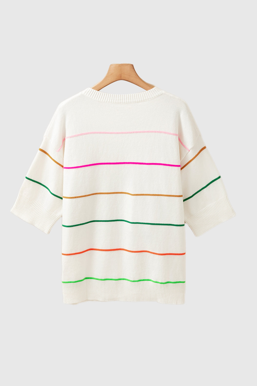 White Colorblock Striped Half Sleeve Drop Shoulder Sweater