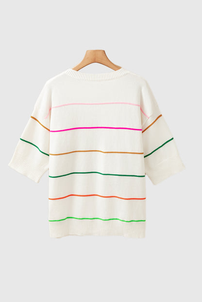 White Colorblock Striped Half Sleeve Drop Shoulder Sweater