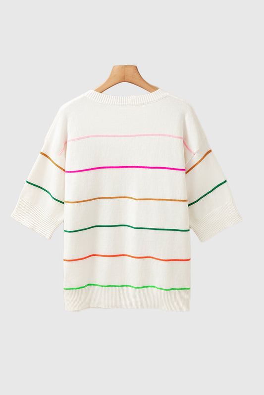 White Colorblock Striped Half Sleeve Drop Shoulder Sweater