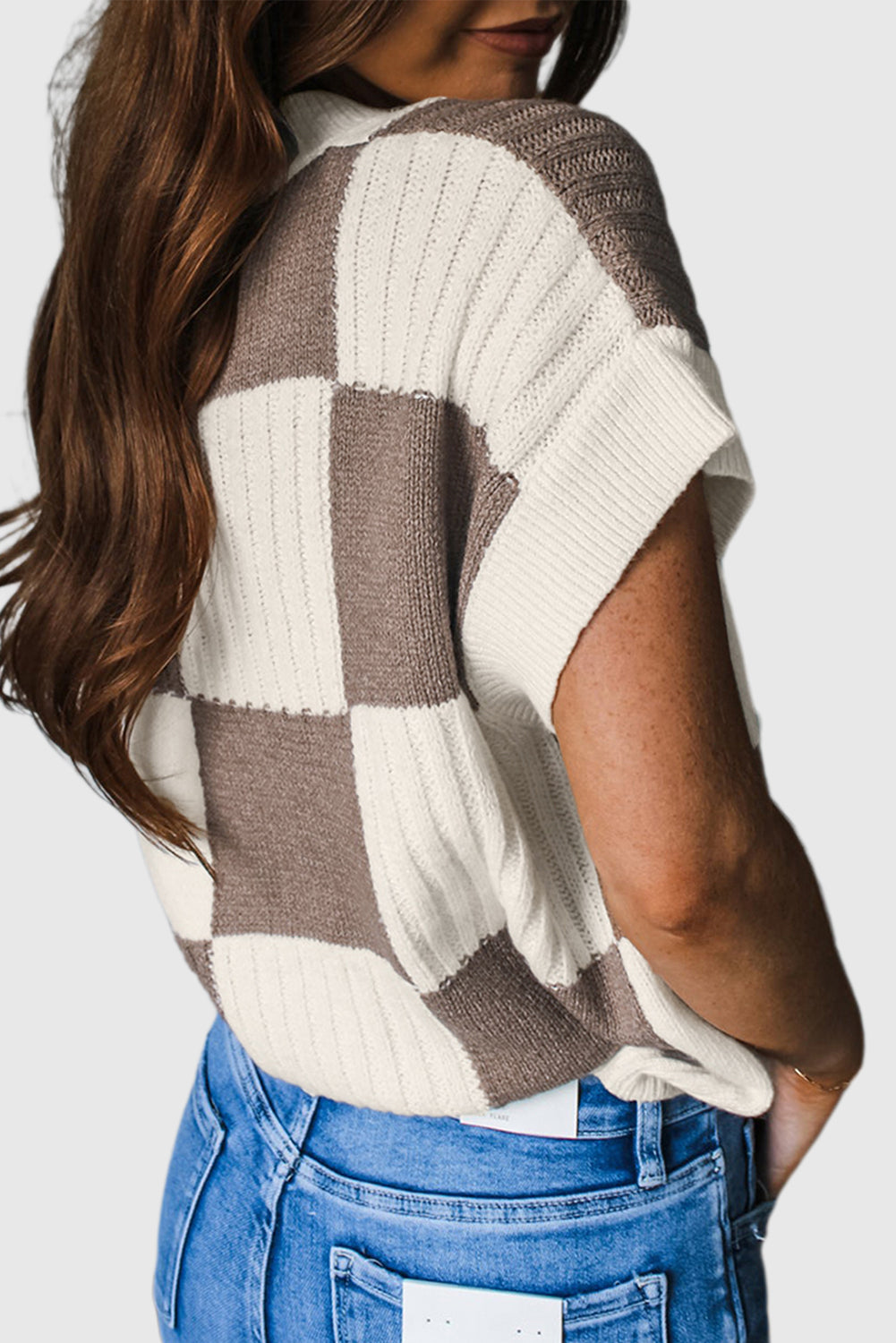 Khaki Checkered Color Block Crew Neck Short Sleeve Sweater