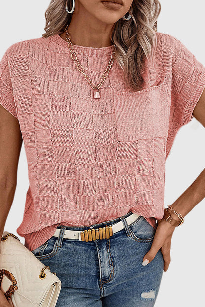 Dusty Pink Lattice Textured Knit Short Sleeve Sweater