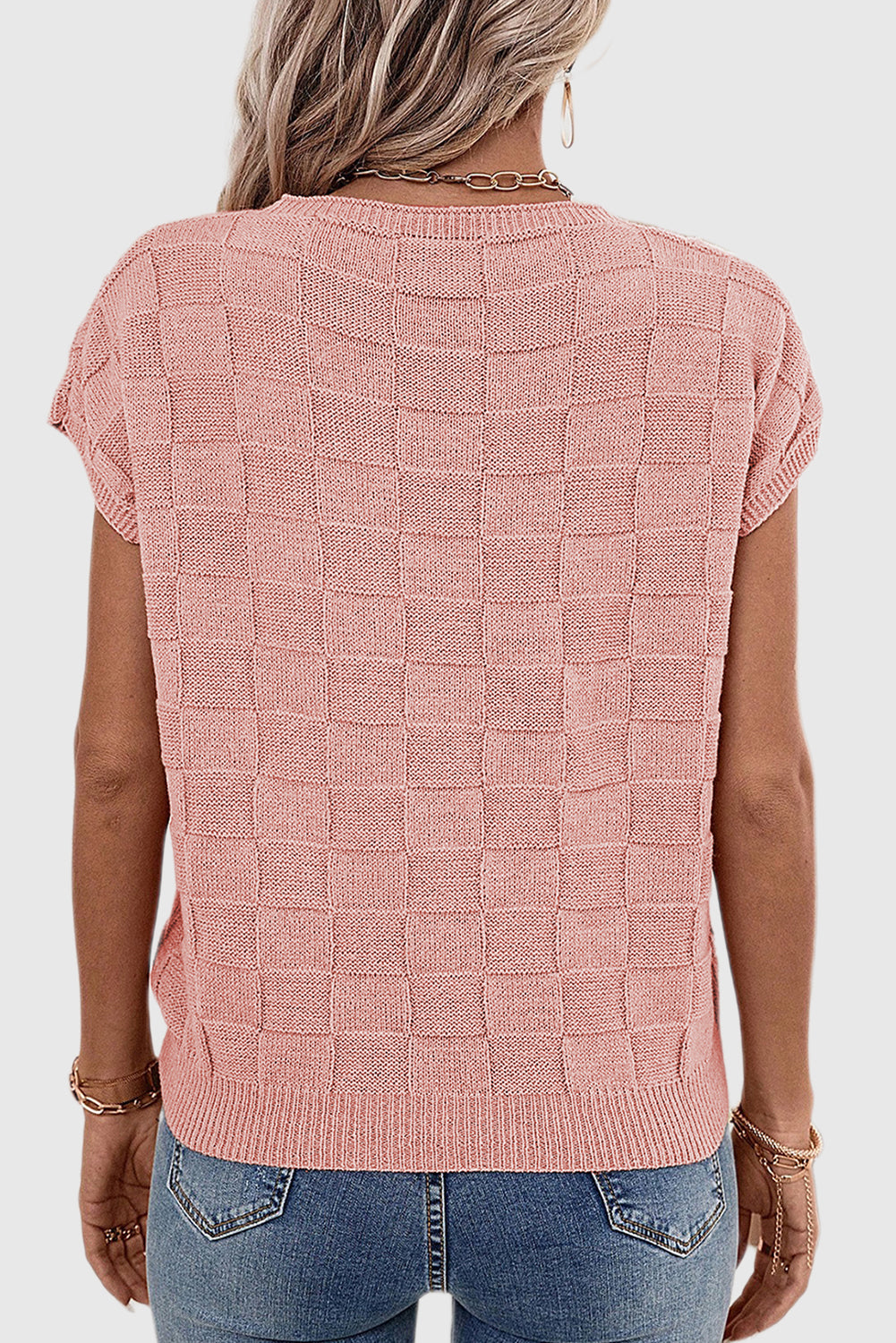 Dusty Pink Lattice Textured Knit Short Sleeve Sweater