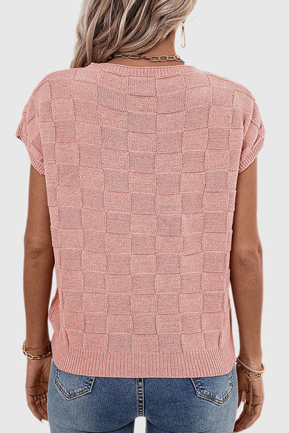 Dusty Pink Lattice Textured Knit Short Sleeve Sweater