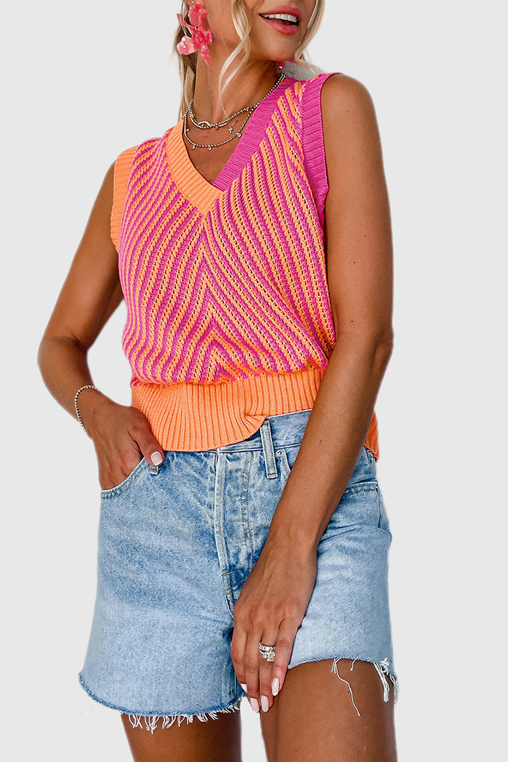 Strawberry Pink Contrast Chevron Knit V Neck Sweater Vest