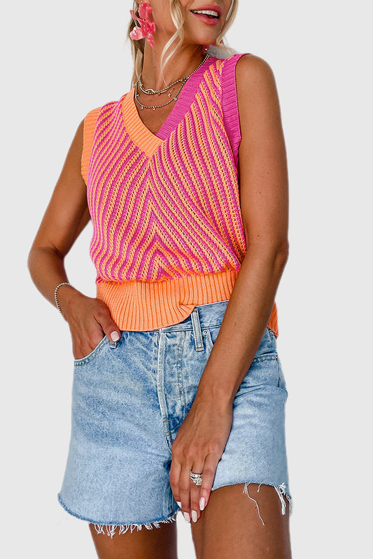 Strawberry Pink Contrast Chevron Knit V Neck Sweater Vest