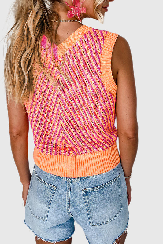 Strawberry Pink Contrast Chevron Knit V Neck Sweater Vest