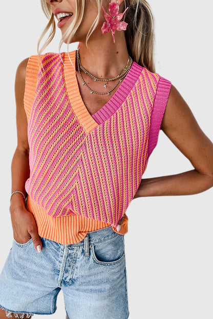 Strawberry Pink Contrast Chevron Knit V Neck Sweater Vest