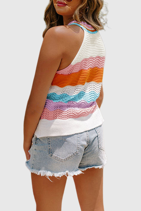 Multicolour Wavy Striped Print Textured Knit Sleeveless Sweater Top