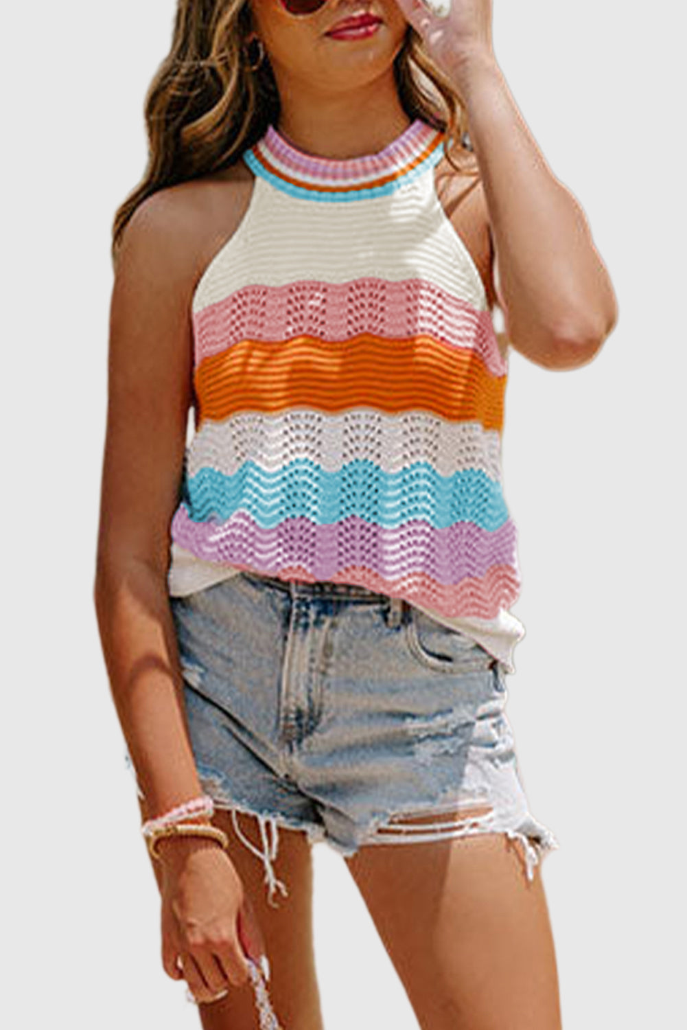 Multicolour Wavy Striped Print Textured Knit Sleeveless Sweater Top