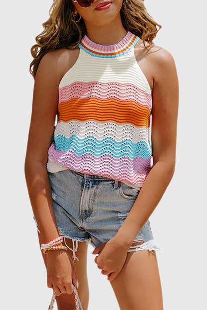 Multicolour Wavy Striped Print Textured Knit Sleeveless Sweater Top