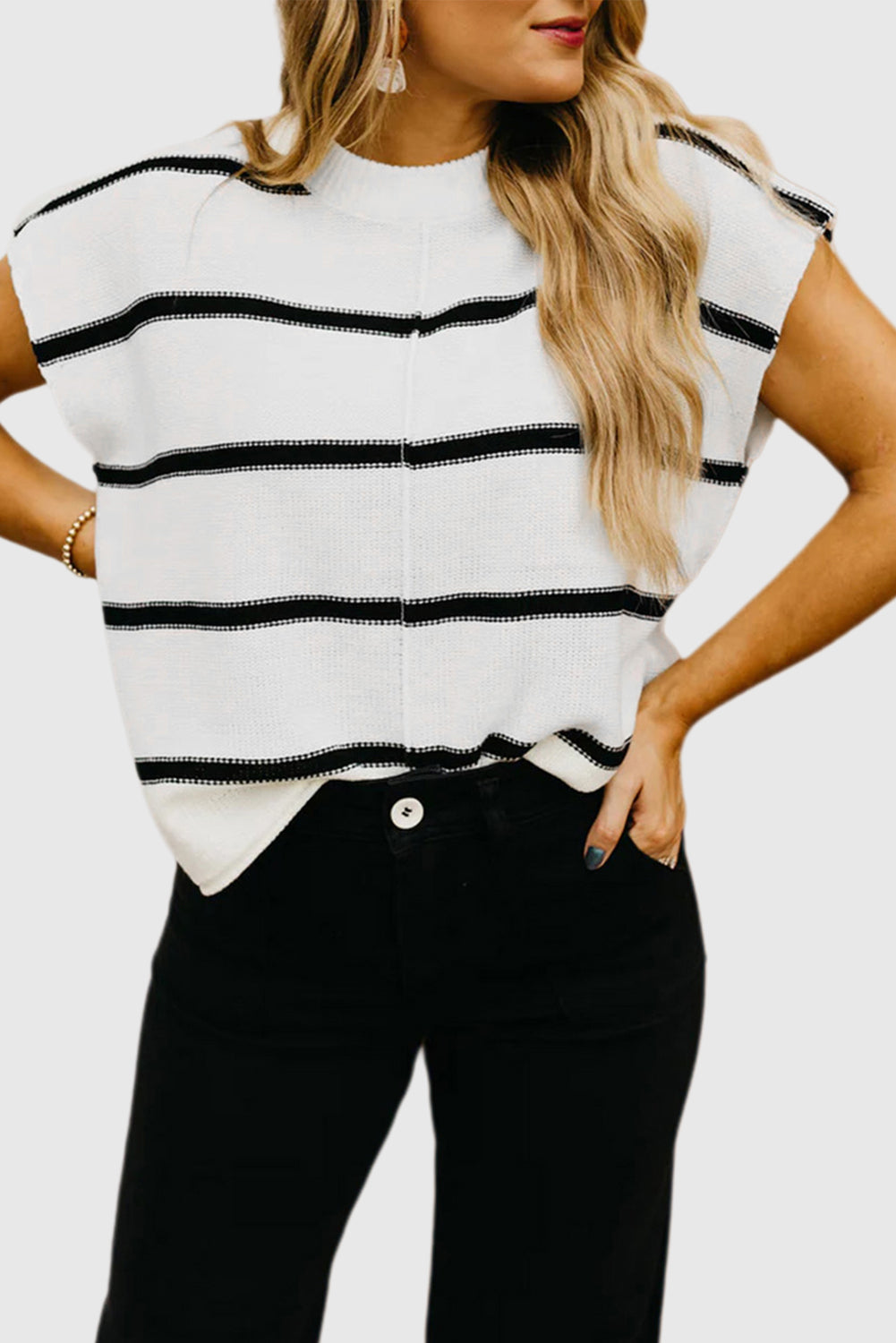 White Striped Batwing Sleeve Sweater Tee
