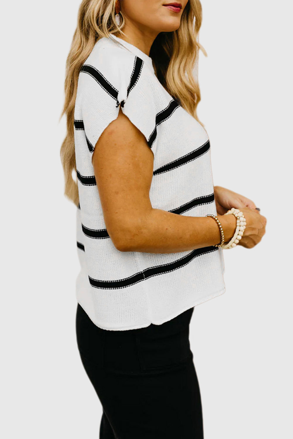 White Striped Batwing Sleeve Sweater Tee