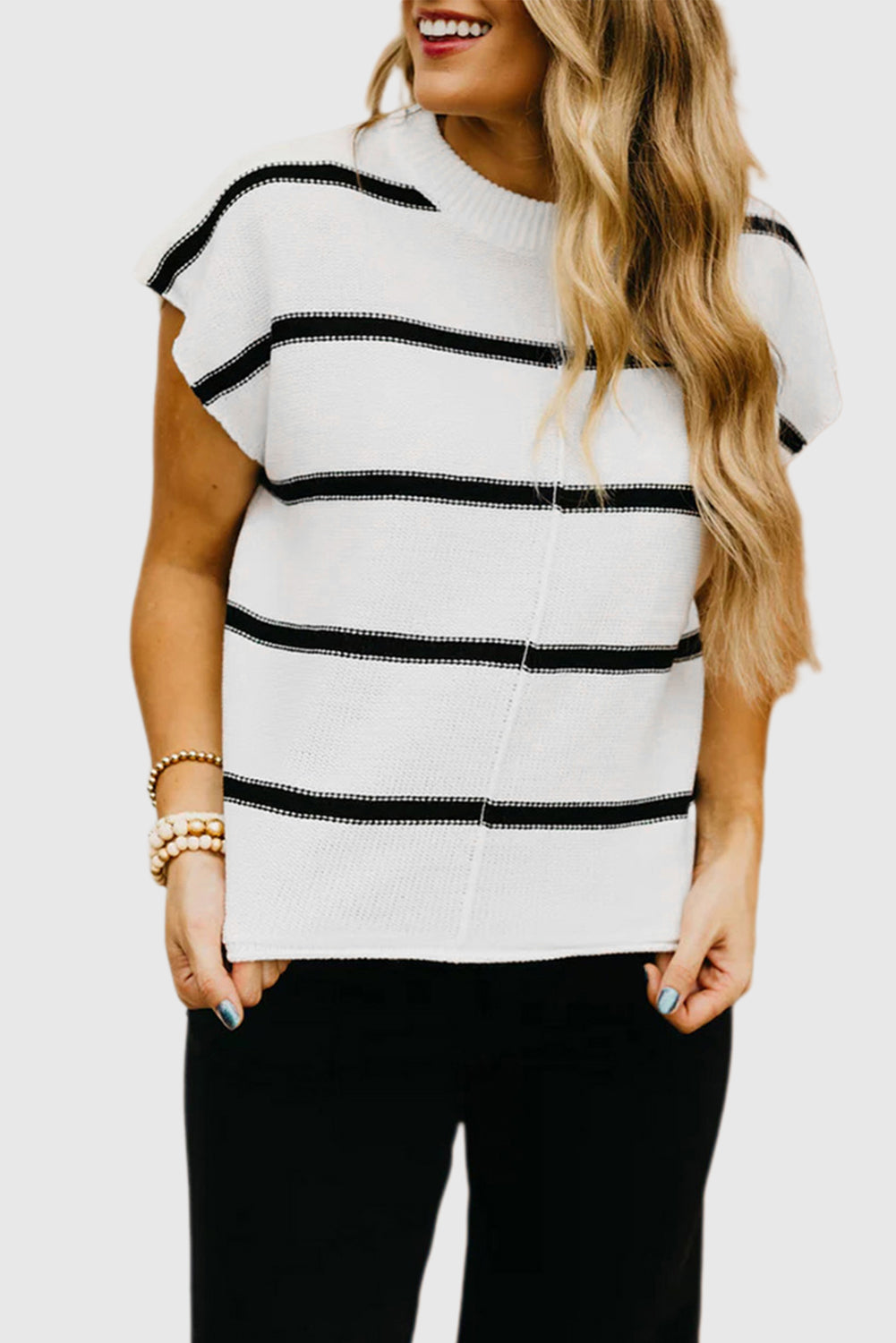 White Striped Batwing Sleeve Sweater Tee