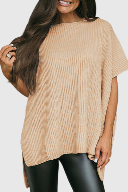Apricot Short Sleeve Side Slit Oversized Sweater